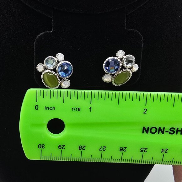 Silver Blue Green Rhinestone Opal Pierced Post-Back Earrings - Picture 3 of 4